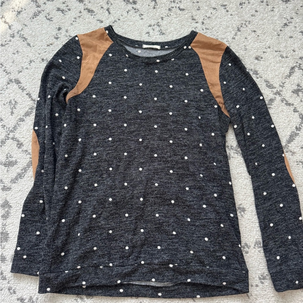 12 Pm By Mon Ami Charcoal and Camel Dot Long Sleeve Top